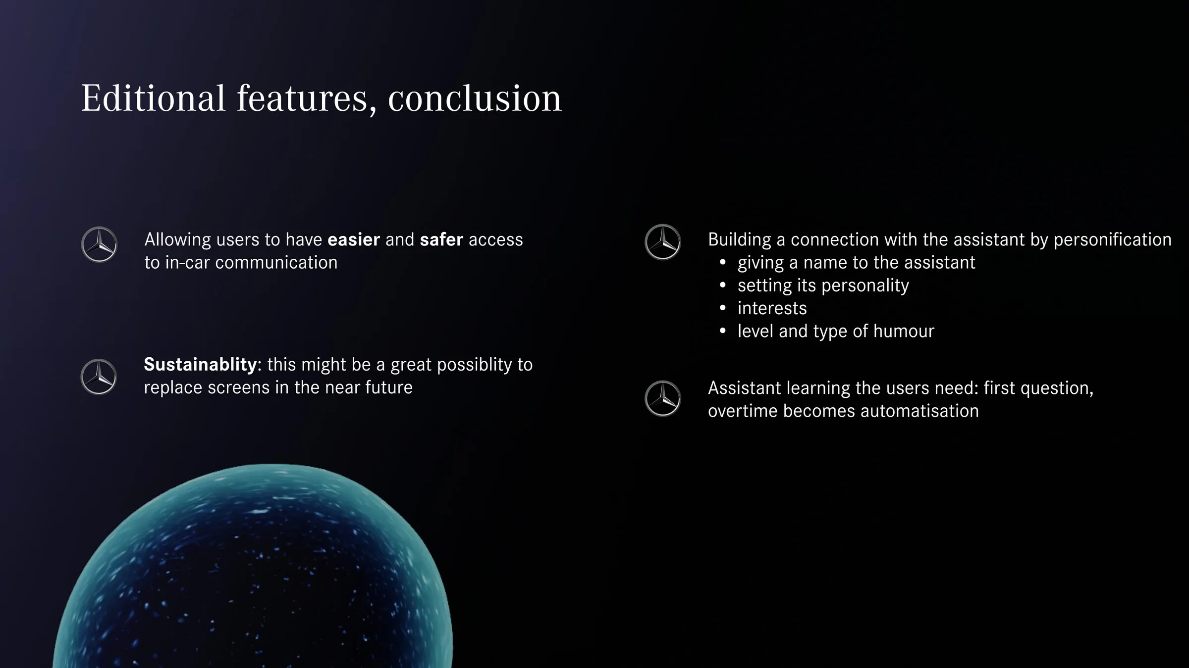 Closing slide covering easier and safer in-car communication, sustainability, personification, and the assistant learning driver needs over time