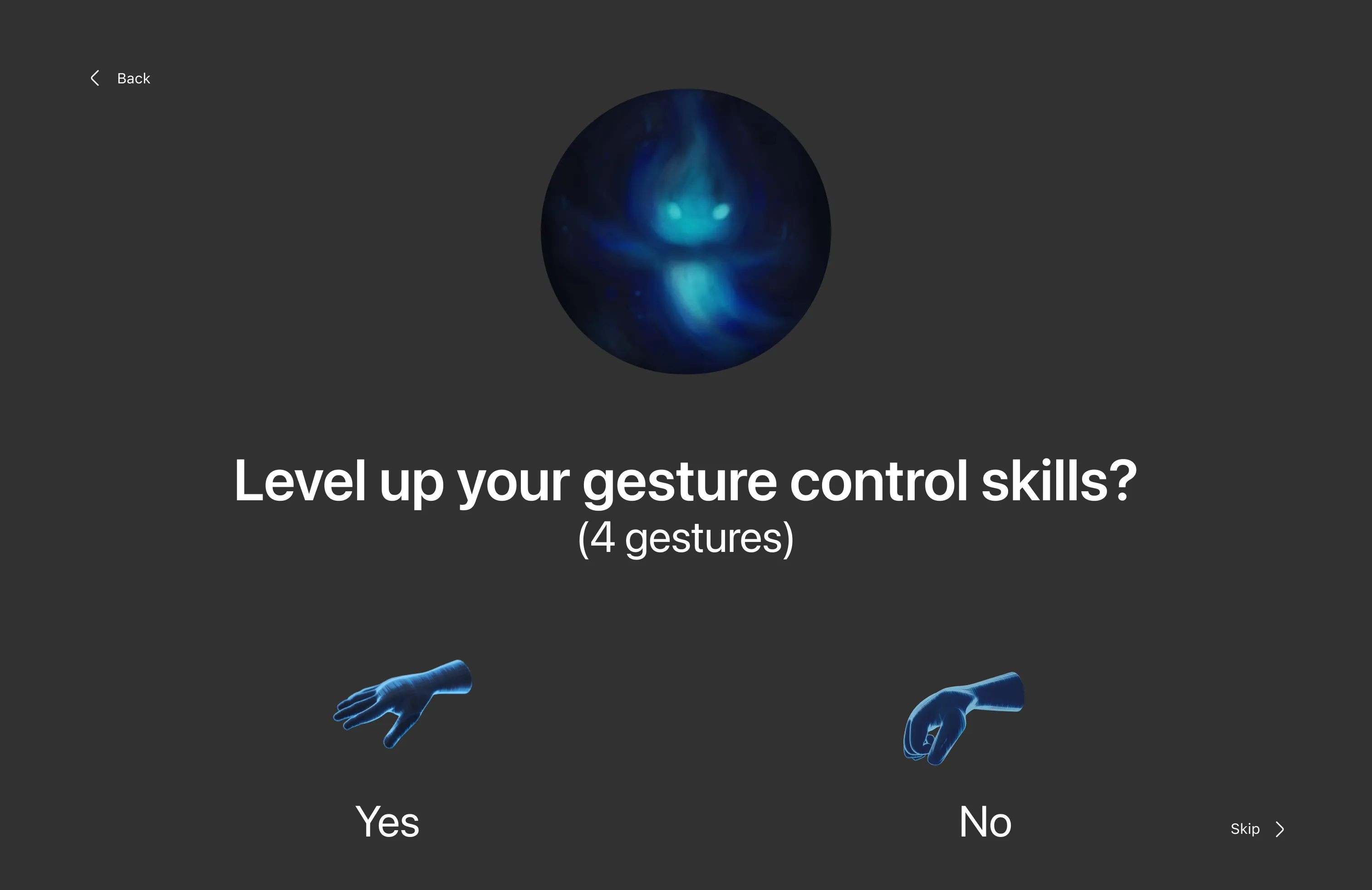 Merlin offering to teach four gesture controls with a yes and no answer, each shown as a hand gesture