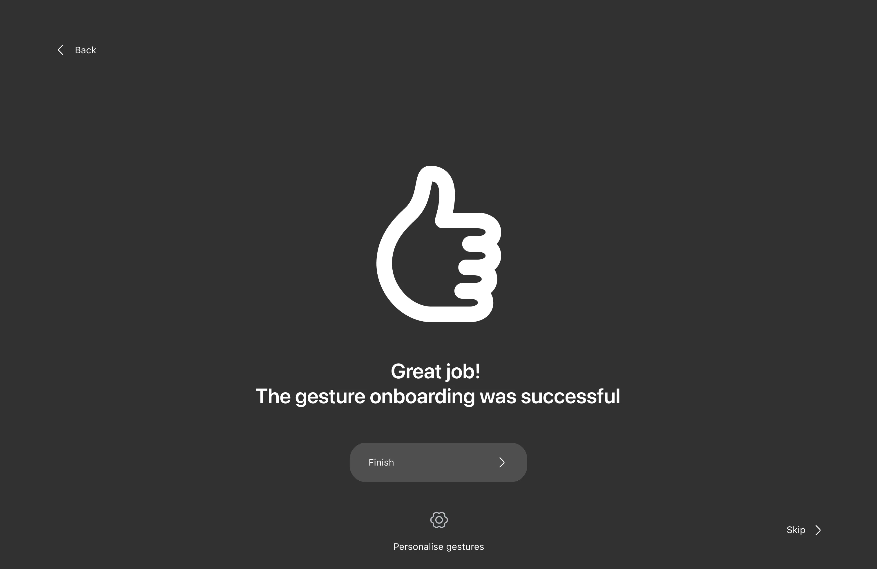 Confirmation screen reading that the gesture onboarding was successful, with a personalise gestures option
