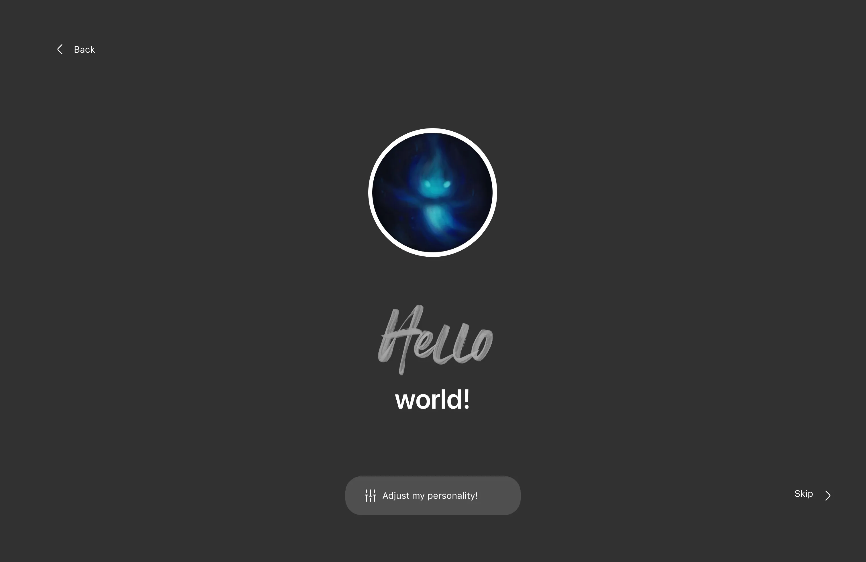 The assistant introducing itself with an adjust my personality button