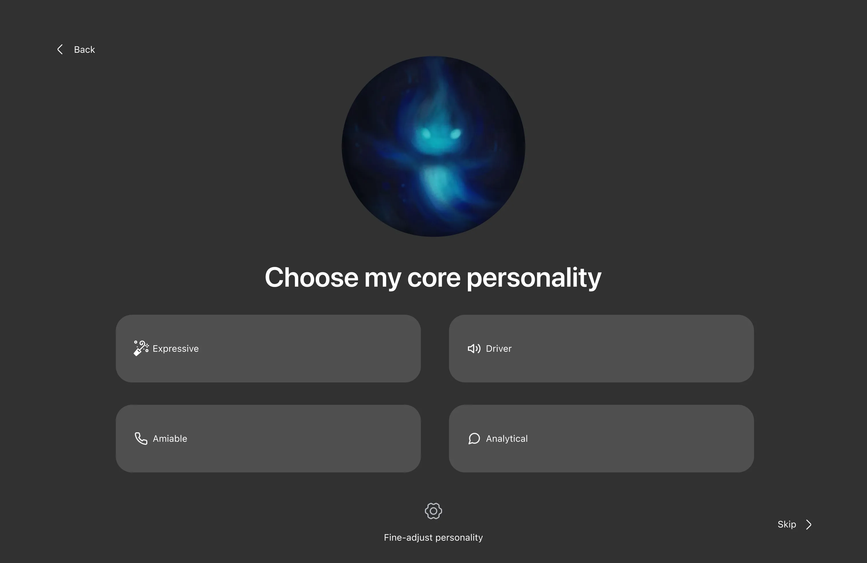 Core personality selection between Expressive, Driver, Amiable and Analytical