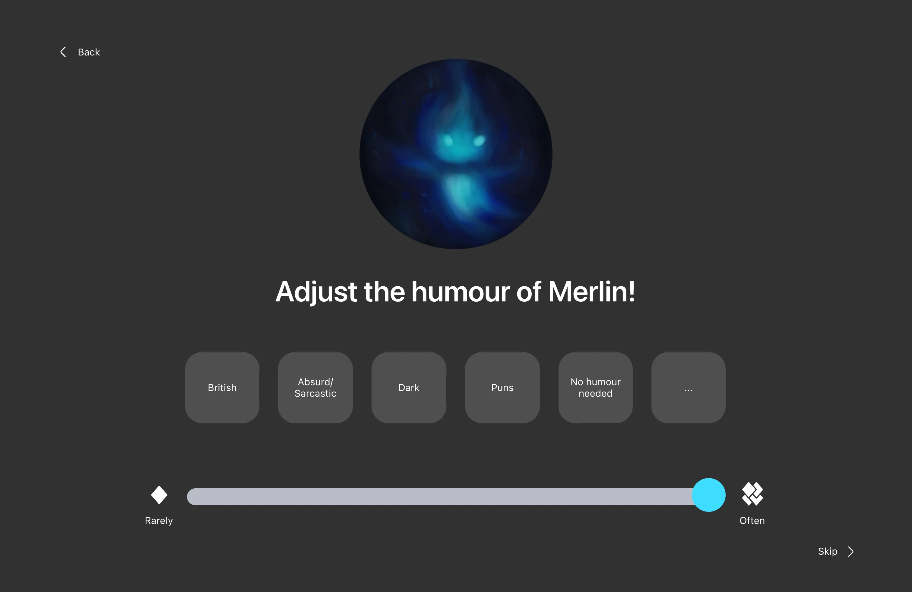 Humour setup for Merlin with British, absurd or sarcastic, dark, puns and no humour options on a rarely to often slider