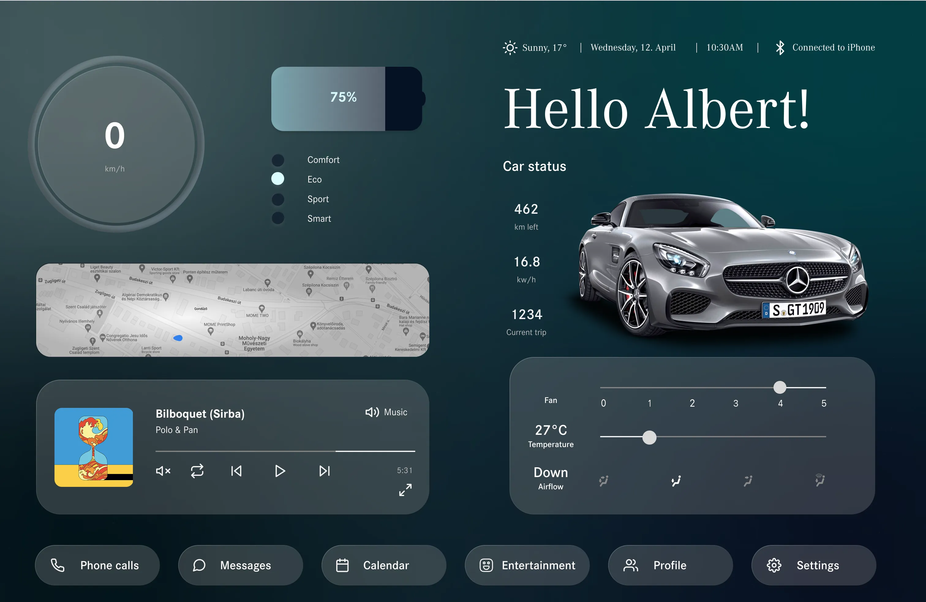 Home screen when the car is parked, carrying speed, charge, drive modes, map, music, car status and a six-item bottom navigation bar
