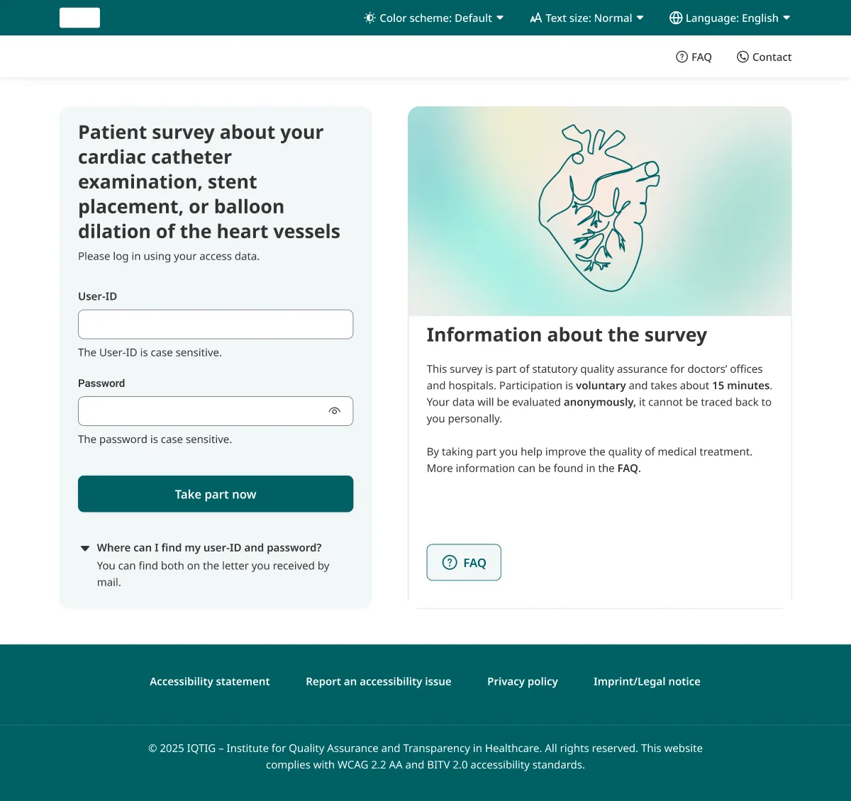 The final access page in its light theme, with accessibility controls in the header and a two-column layout
