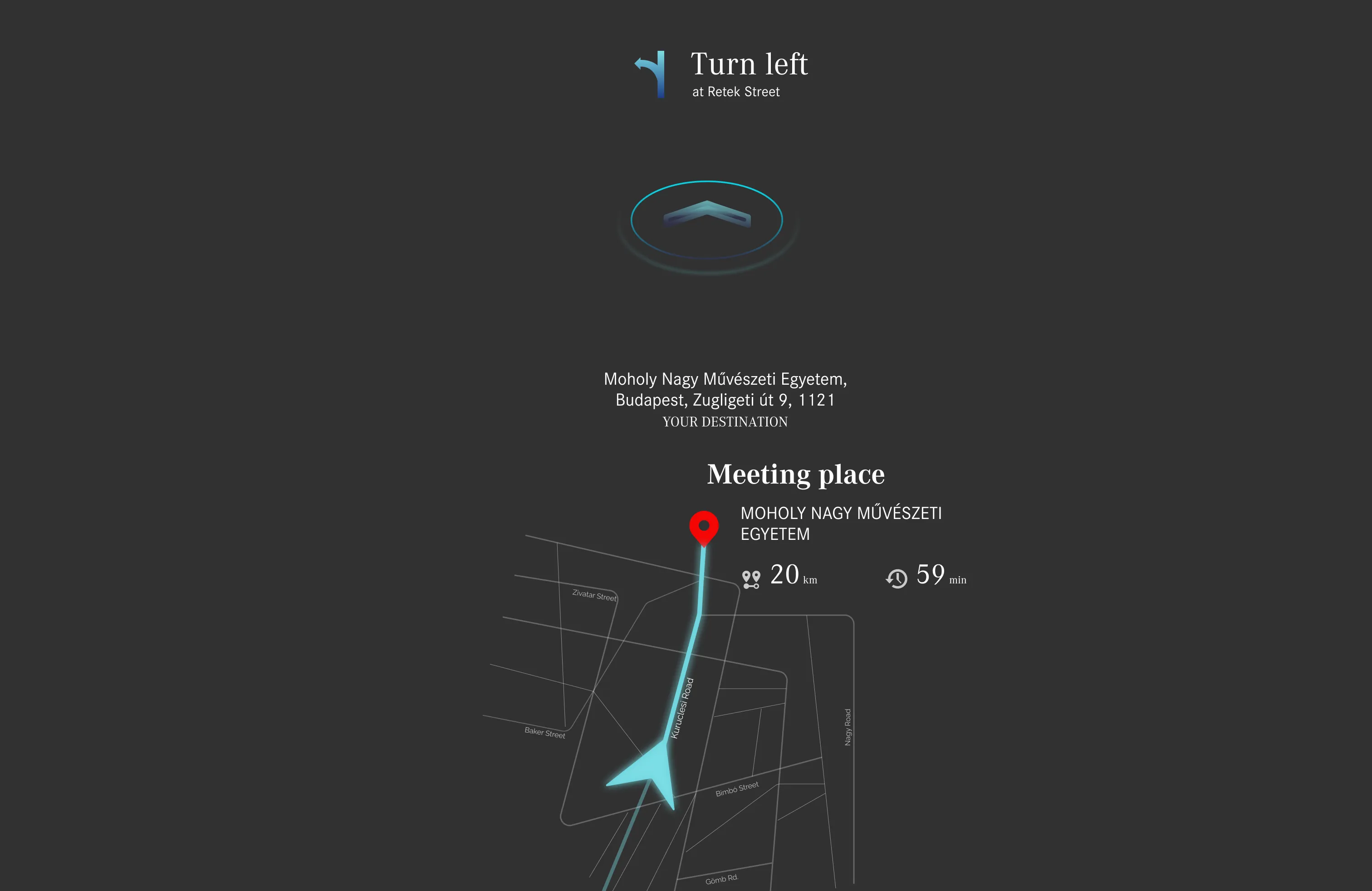 Navigation view showing a turn-left instruction at Retek Street with the destination, distance and time to the meeting place