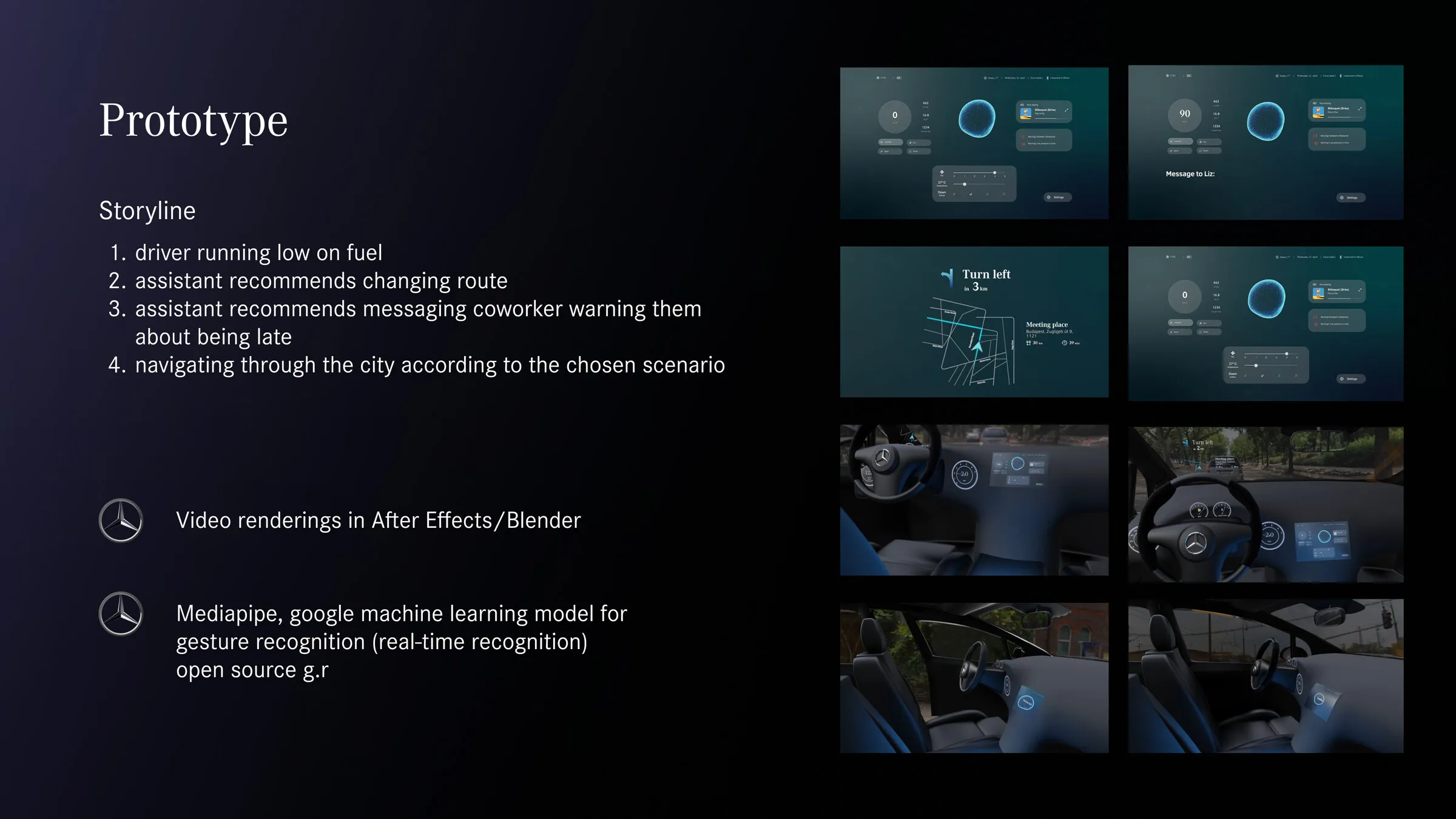 Prototype slide listing the four-beat storyline and the tools used, with eight frames from the rendered interface and car interior