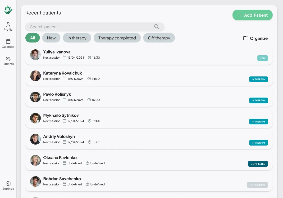 Psychologist app, the full patient list with progress state