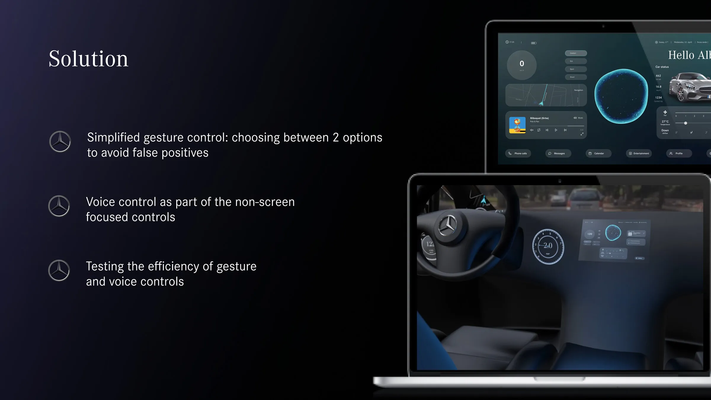 Solution slide: simplified gesture control with two options to avoid false positives, voice control as a non-screen control, and testing the efficiency of both